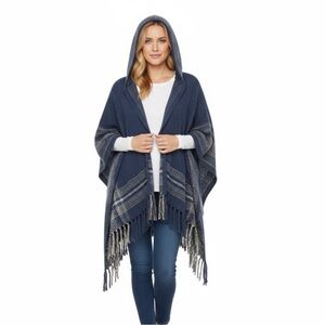 Chic Blue Hooded Poncho with Fringe